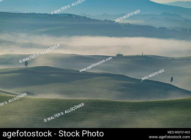 Italy, Tuscany, Volterra, Rolling landscape on foggy morning