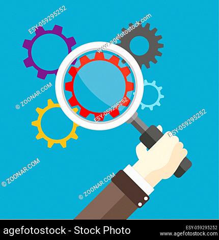 Human hand with a loupe and gears Eps 10 vector file