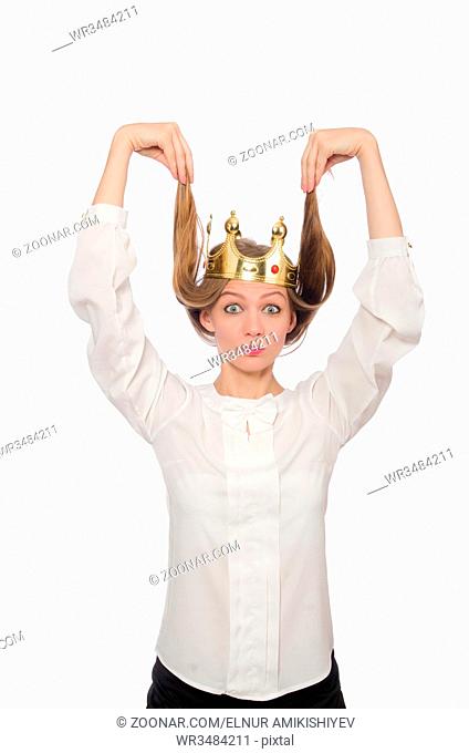 Woman queen wearing crown isolated on white
