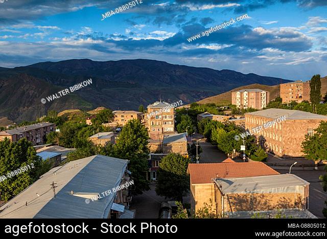Armenia, Yeghegnadzor, high angle town skyline, dawn