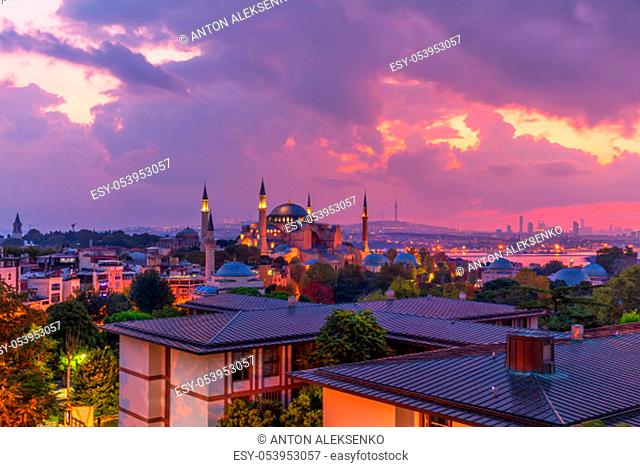 Hagia Sophia, the Bosphorus and the roofs of Istanbul, evening photo