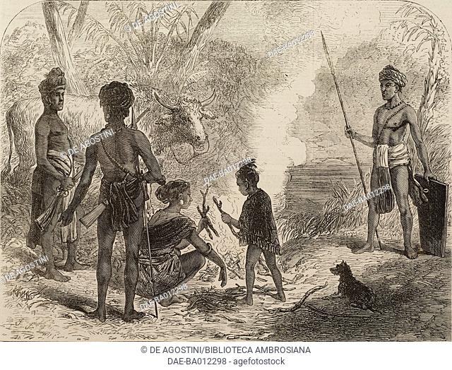 Natives from Shamru and Mro people, India, Lushai Expedition, illustration from the magazine The Illustrated London News, volume LX, February 10, 1872