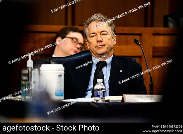 United States Senator Rand Paul (Republican of Kentucky), listens at a hearing, with the Senate Committee on Health, Education, Labor, and Pensions