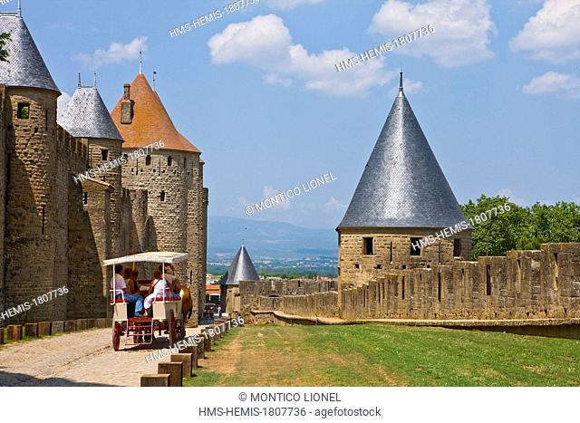 France, Aude, Carcassonne, Medieval city listed as World Heritage by UNESCO, high lices between the double walls of the city walls
