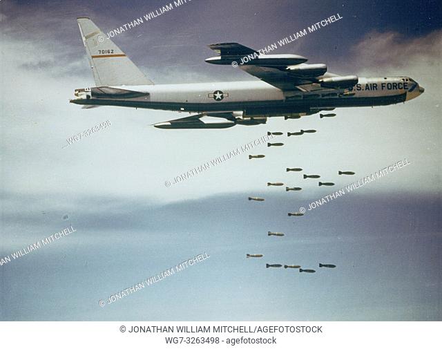 VIETNAM -- B-52 Stratofortress dropping bombs in the 1960's over Vietnam. USAF Photo (Released) -- Picture by Lightroom Photos / USAF *NB Not retouched for...