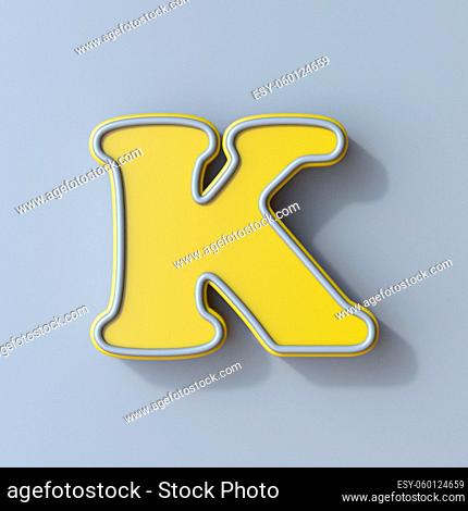 Yellow cartoon font Letter K 3D render illustration isolated on gray background