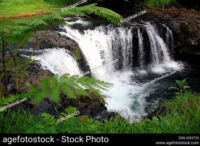 Green grass, river and waterfall in Upolu island, Samoa