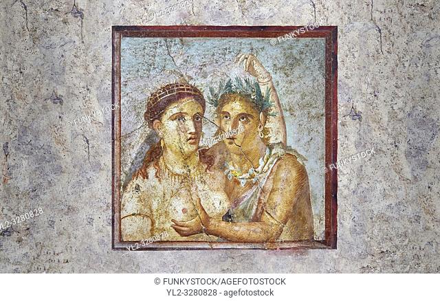 A Roman erotic fresco painting from Pompeii depicting satyr caressing a maiden, Naples National Archaeological, 1st cent AD