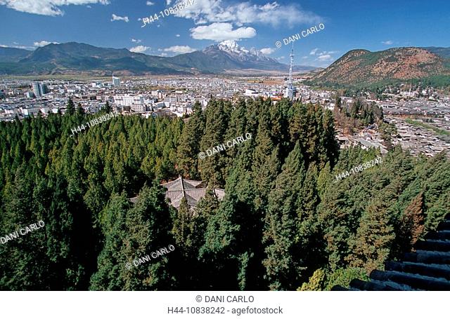 China, Asia, Lijiang, Television Tower, from top of Wangu Lou Pagoda, Yunnan Province, UNESCO, World heritage site, fo