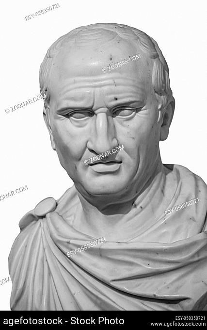 Cicero, the greatest ancient roman orator, marble statue in front of Rome Old Palace of Justice, made in 19th century (isolated on white background)
