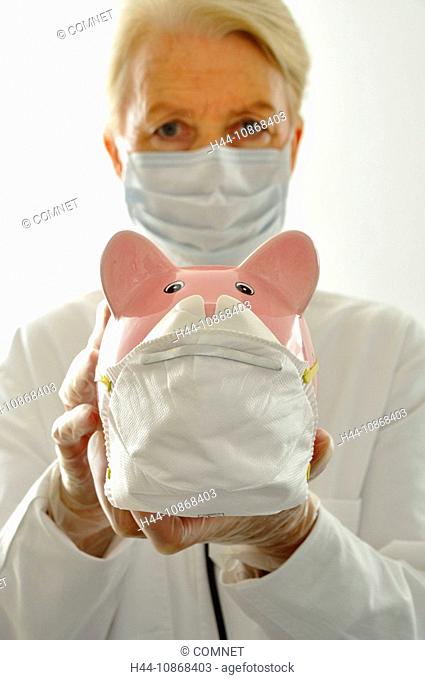 concepts, pork influenza, pig, piglet, pink, pink, person, woman, old, doctor, doctor, doctor, specialist, expert, help, assistance, emergency, epidemic