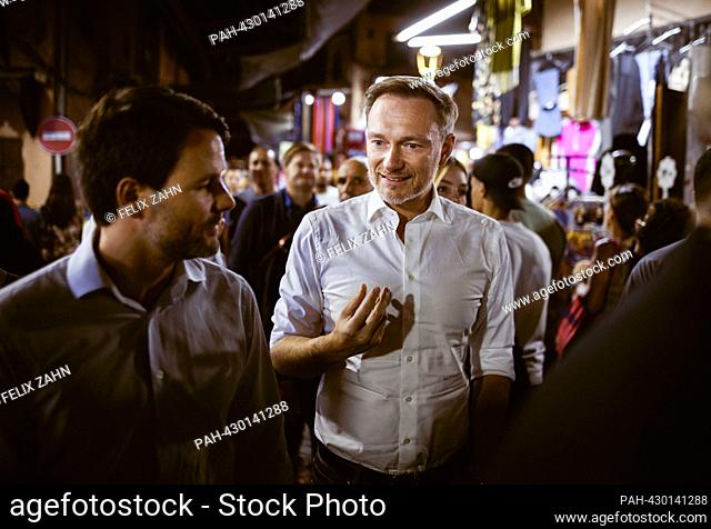 Christian Lindner (FDP), Federal Minister of Finance, visits the Place Jemaa el fna market in the old town of Marrakech (Morocco) in the evening, October 13