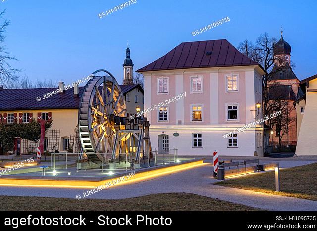 The Salinenpark in Traunstein with the big water wheel. Bavaria, Germany