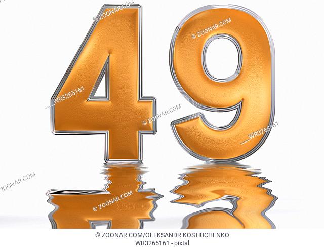 Numeral 49, forty nine, reflected on the water surface, isolated on white, 3d render