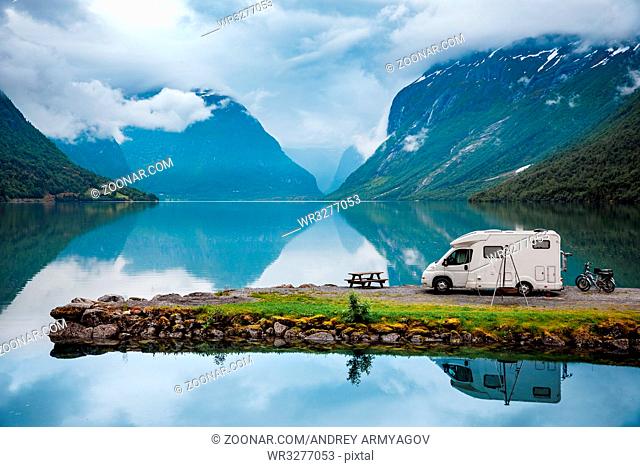 Family vacation travel, holiday trip in motorhome, Caravan car Vacation. Beautiful Nature Italy natural landscape Alps