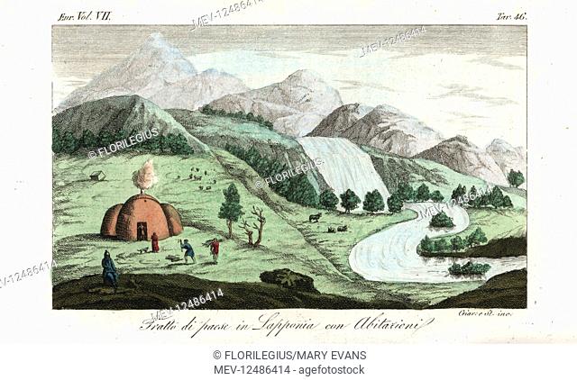 Dome-shaped house of the Sami people, Lapland. Handcoloured copperplate engraving by Giarre from Giulio Ferrario's Costumes Ancient and Modern of the Peoples of...