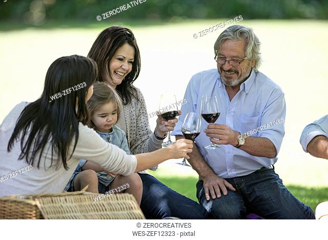 Happy extended family having a picnic and toasting red wine glasses