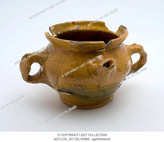 Pottery room pot, spout pot, yellow glazed, on stand, cream pot spout pot crockery holder soil find ceramic earthenware glaze lead glaze