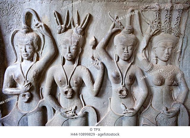 Asia, Cambodia, Siem Reap, Angkor, Angkor Wat, Angkor Wat Temple, Prasat Angkor Wat, Bas-reliefs, Reliefs, Suryavarman II, Apsara, Apsara Dancers, UNESCO