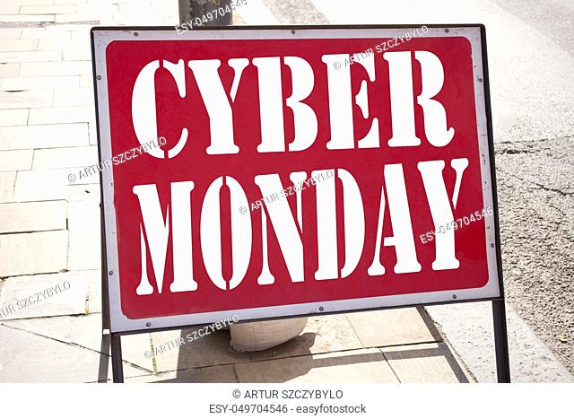 Conceptual hand writing text caption inspiration showing Cyber Monday. Business concept for Retail Shop Discount written on old announcement road sign with...