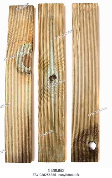 Top view of pieces of wood planks isolated on a white background