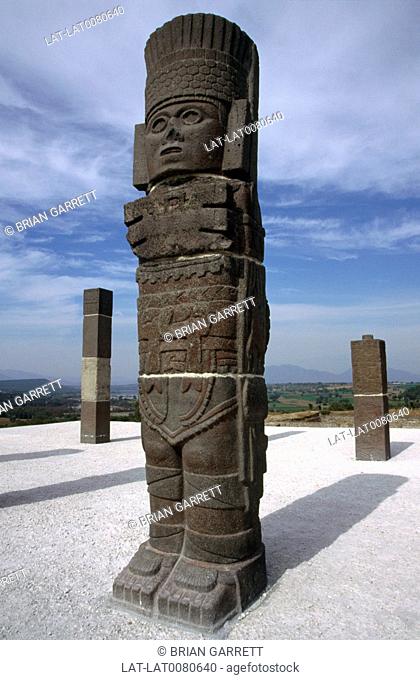 The Zona Arqueologica Toltec Aztec settlement and archaeological site. Huge carved basalt atlantes telamone figures statues