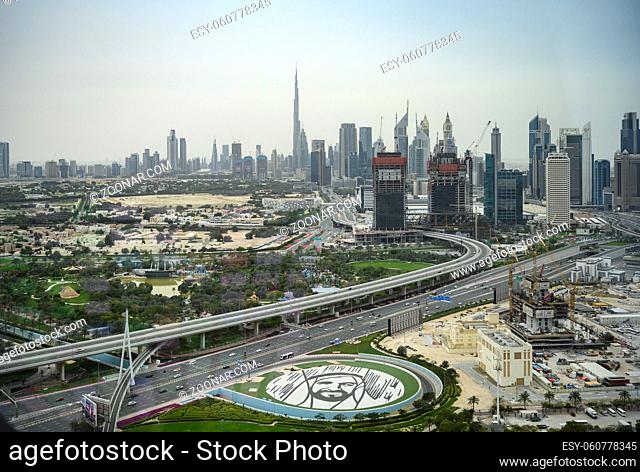 Panoramic view of the city center of Dubai, UAE. Clear day 14 March 2020