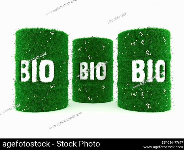 3D rendering barrel covered with green grass with biofuels