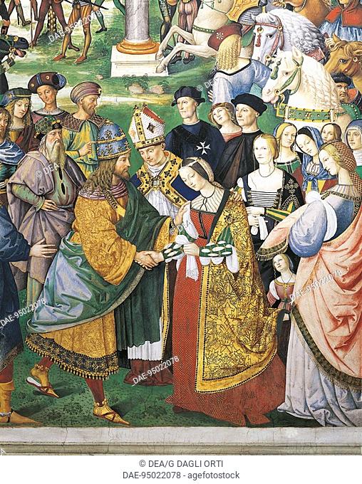 Enea Silvio Piccolomini, bishop of Siena attending the coronation of Frederick III and Eleanor of Aragon, detail from the Stories of Pius II, 1503-1508