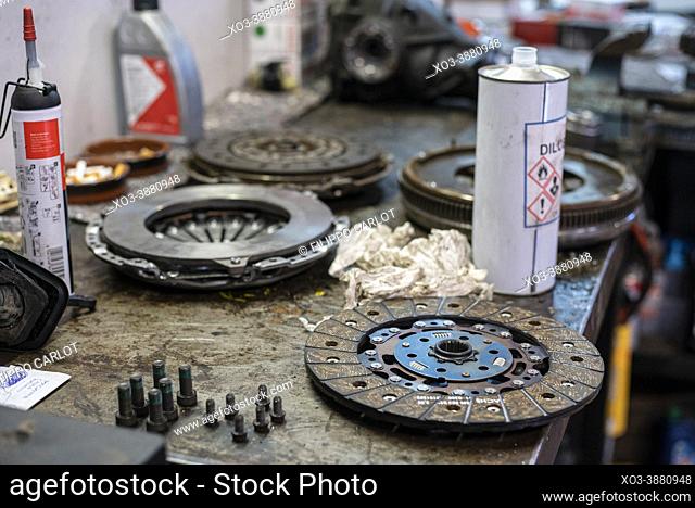 MILAN, ITALY: Spare parts on the workshop bench