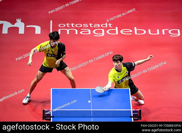 01 February 2020, Saxony-Anhalt, Magdeburg: Table tennis: German Open, men's, doubles, final, Cho/Jang (Korea) - Lin/Ma (China)