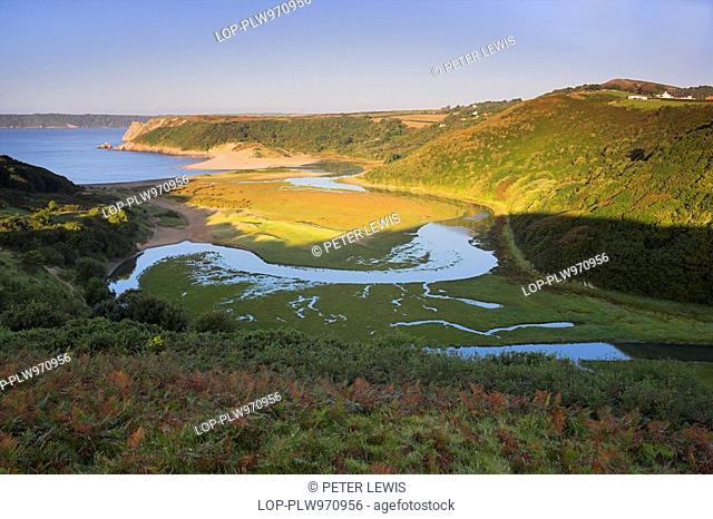 Wales, Swansea, Three Cliffs Bay, Looking across Three Cliffs Bay from Pennard Castle on the Gower Peninsula