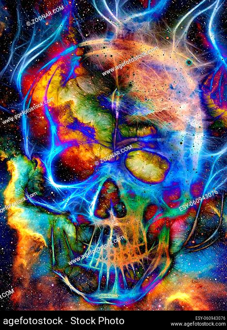Skull and fractal effect. Color space background, computer collage. Elements of this image furnished by NASA