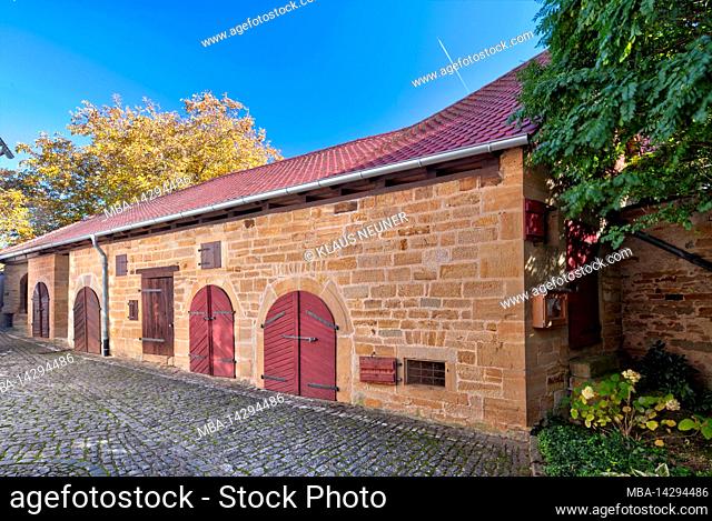 Church castle, gaden, storehouses, house facade, autumn, Markt Herrnsheim, Franconia, Germany, Europe