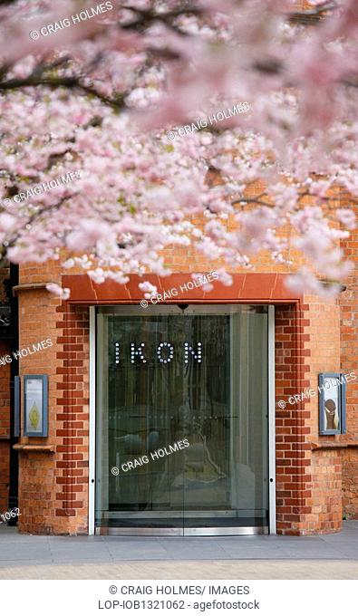 England, West Midlands, Birmingham, Pink blossom on a tree outside Ikon Gallery, an internationally renowned, award winning contemporary art gallery in...