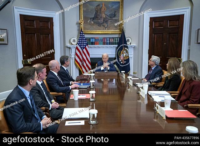 United States President Joe Biden, with US Secretary of State Antony Blinken, left, US Attorney General Merrick Garland, right