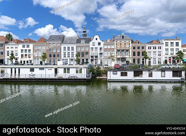 Cityscape with houseboats at Londensekaai, Middelburg, Zeeland, Netherlands, Europe