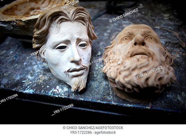 Mask molds are displayed at the studio of sculptor Jesus Galvez Palos in Puente Genil,   in the province of Cordoba, Spain