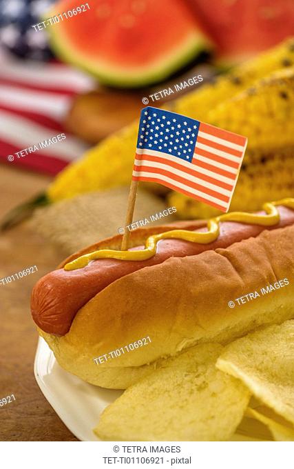 Hot dog with American flag toothpick