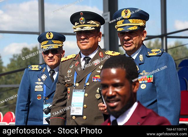RUSSIA, MOSCOW - AUGUST 16, 2023: Foreign delegates watch a dynamic display of weaponry and military hardware as part of the Army 2023 International Military...