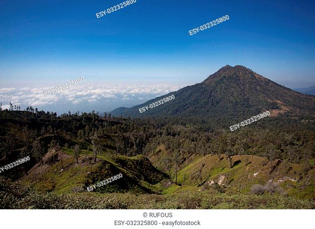 View from the tropical forest with path to the volcano Kawah Ijen, East Java, Indoneisa