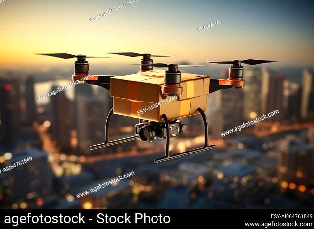 Cardboard box with four rotors, flying on the city background. Carrying a package, drone delivery concept. AI generated