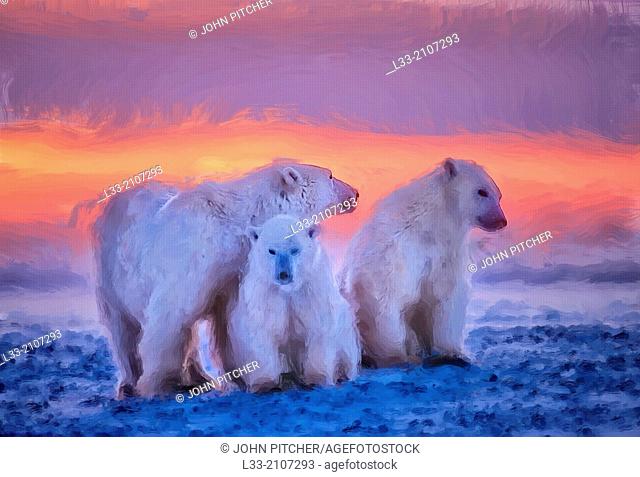 Polar bear family at sunset, oil painting effect, digital art