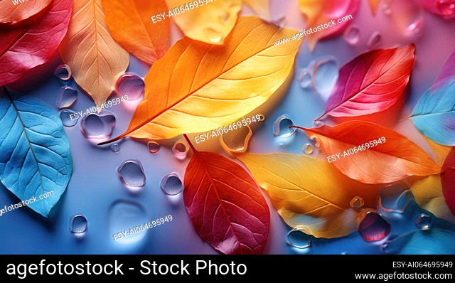 Falling leaves in rainbow colors with a dew drops, flat lay. Autumn seasonal background. Colorful template for cover design, wallpaper, website