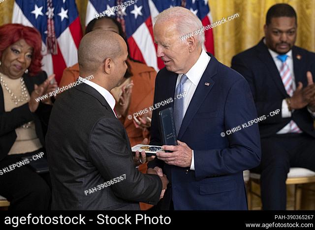 United States President Joe Biden presents the the Presidential Citizens Medal to Capitol Police Sergeant Aquilino Gonell during a ceremony marking the the...