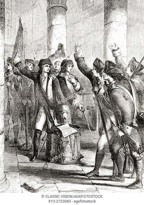 A meeting of the Irish Volunteers in the church of Dungannon, County Tyrone, Ireland in 1783. From Cassell's Illustrated History of England, published 1861