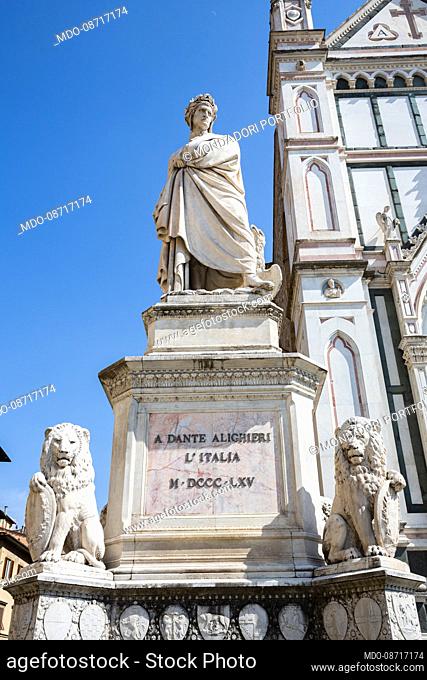 Monument to Dante Alighieri by Enrico Pazzi, in marble and placed in front of the Basilica of Santa Croce. Florence (Italy), April 17th, 2021