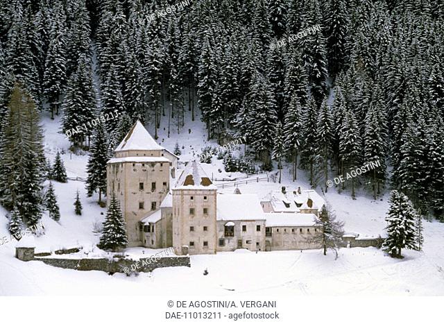 Snow-covered Fischburg castle, Santa Cristina Gherdeina, Trentino-Alto Adige, Italy, 17th century
