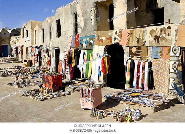 Tunisia, Medenine, businesses, sale, souvenirs, South-Tunisia, buildings, former silos, souvenir-businesses, souvenir-sale, earthenware, dishes, potteries