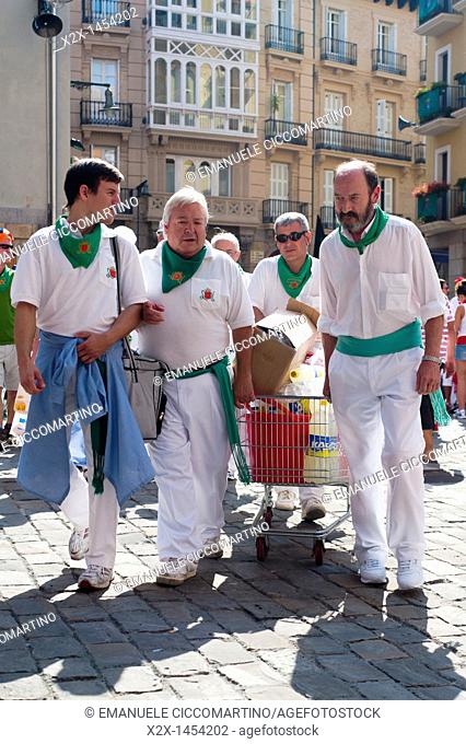 Parade of 'Peñas' clubs and music bands, San Fermín street-partying, Pamplona, Navarra Navarre, Spain, Europe